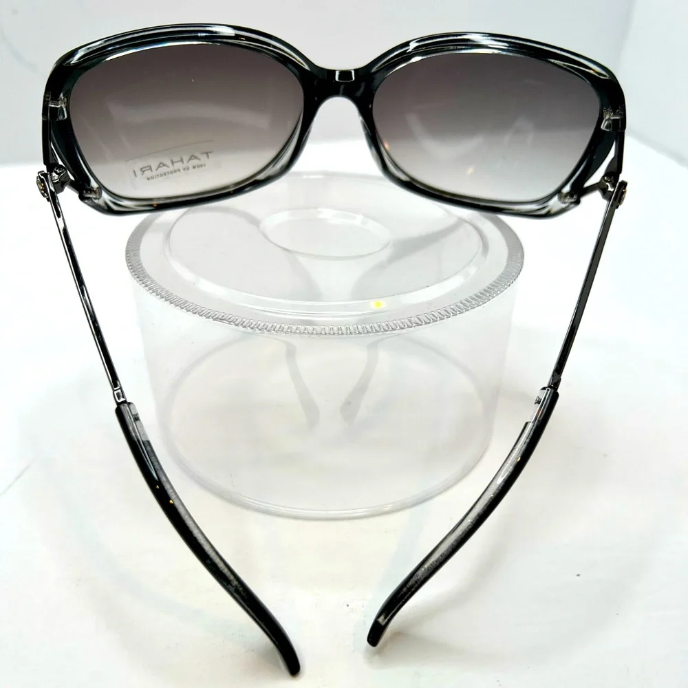TAHARI 100% UV PROTECTION SUNGLASSES, 2 TONE FRAME, GREY&CLEAR W/CRYSTAL TEAR - Picture 3 of 10